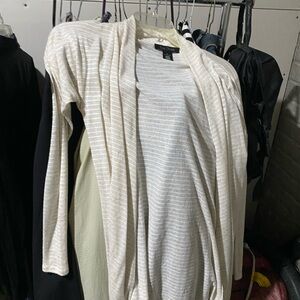 White House Black Market Cream and White Striped Open-Front Cardigan